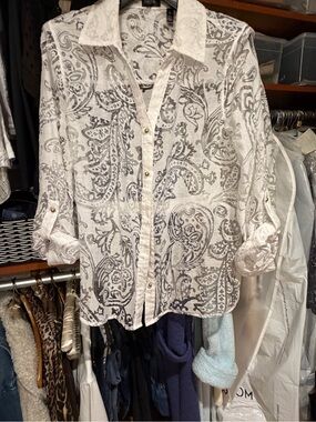 Rafaella White Sheer Paisley Button-Down Shirt